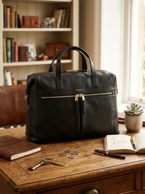 KNOMO London Audley Black Leather Laptop Slim Briefcase Handbag Tote